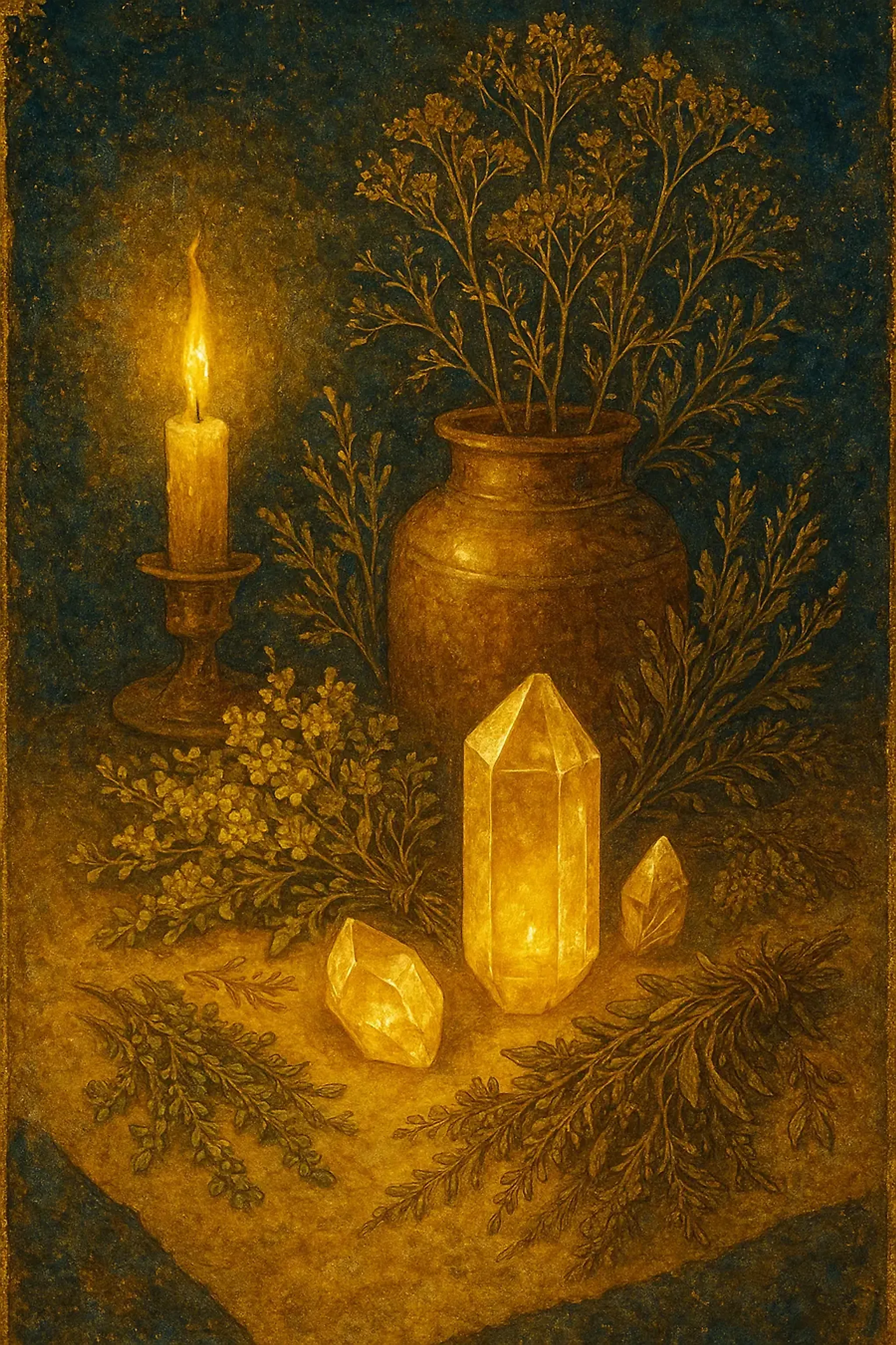 An apothecary still life — herbs, glowing crystals, and a candle