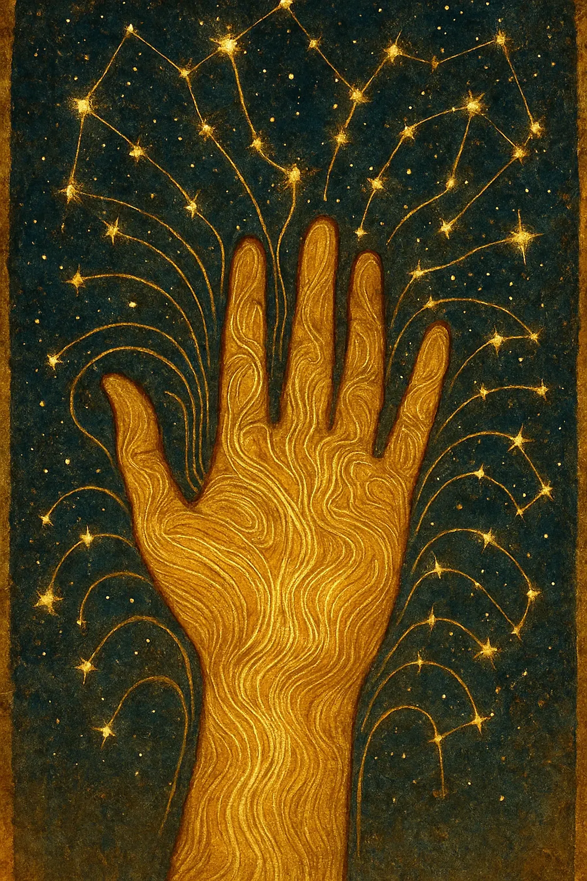 A golden palm whose lines flow upward into constellations