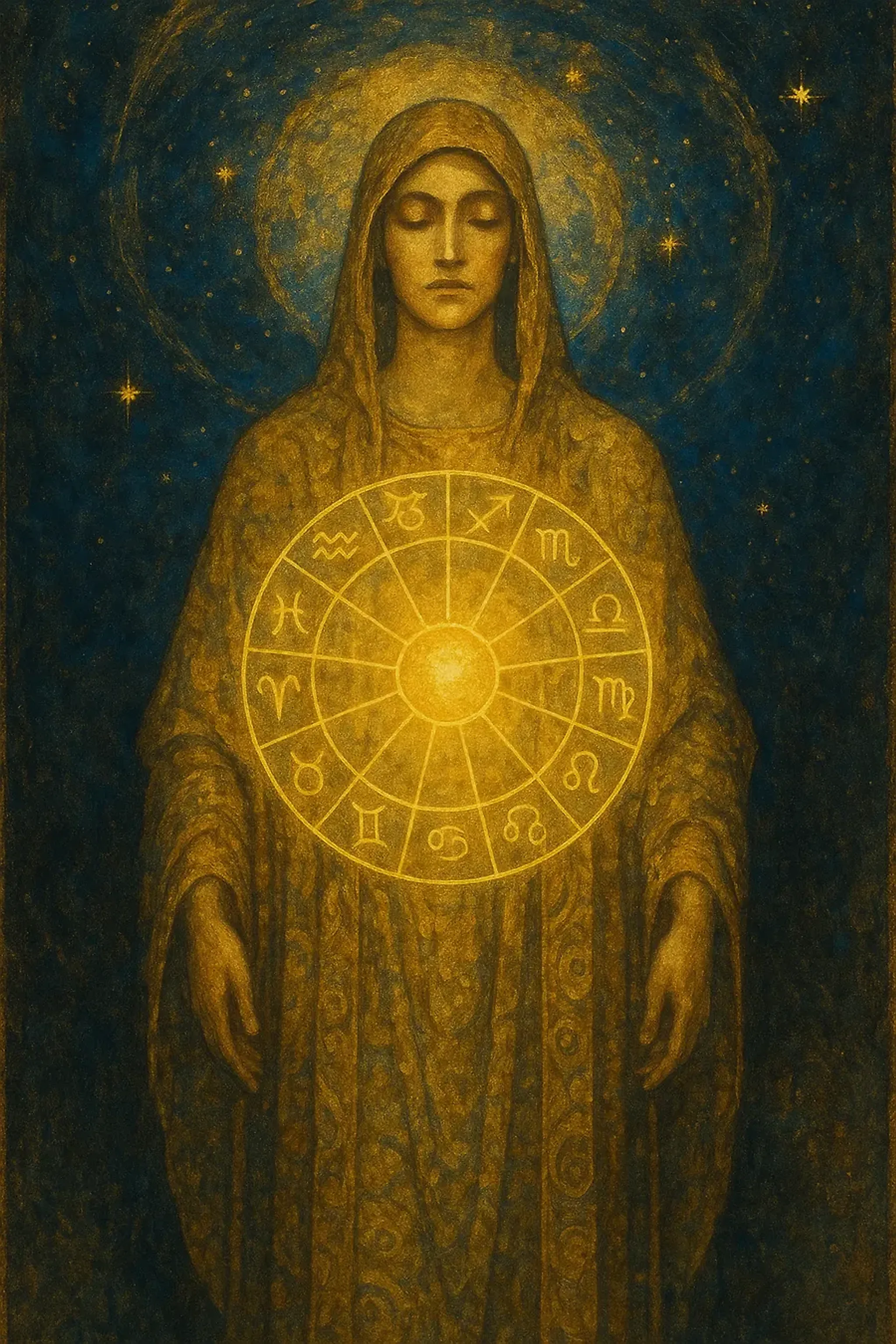 An original gilded portrait — a robed figure with a glowing zodiac wheel at the heart