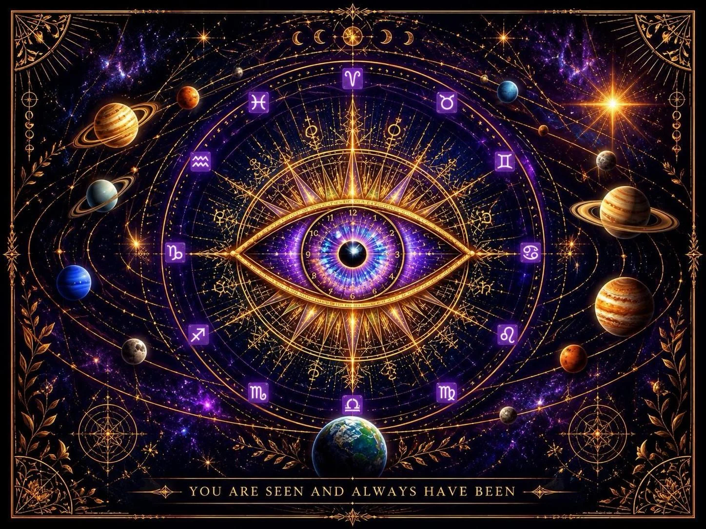 The Esoteric Eye — an all-seeing eye ringed by the zodiac wheel amid the cosmos
